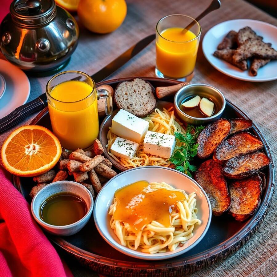Marocain - Baghrir, rghifa, harcha, jben, zit beldia, miel + jus d'orange ou carotte frais + boisson chaude. | Le Goût du Charbon Témara