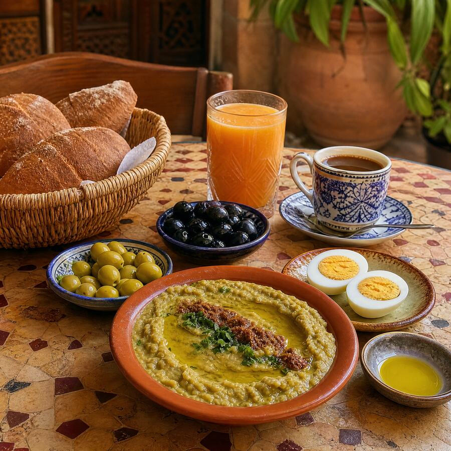 Beldi - 2 œufs mslou9, bissara, zit beldia, olives + panier de pain + jus frais + boisson chaude. | Le Goût du Charbon Témara