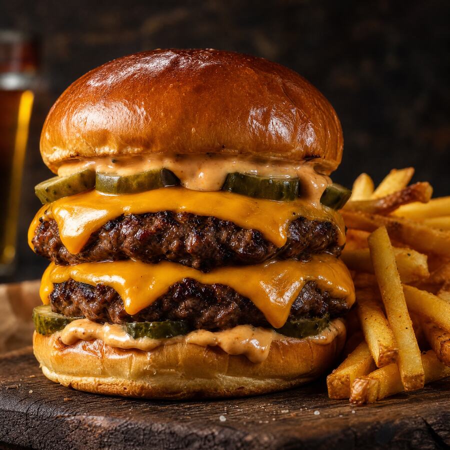 Double Cheese - Double steak de bœuf grillé, double cheddar fondu pour les grosses faims. | Le Goût du Charbon Témara