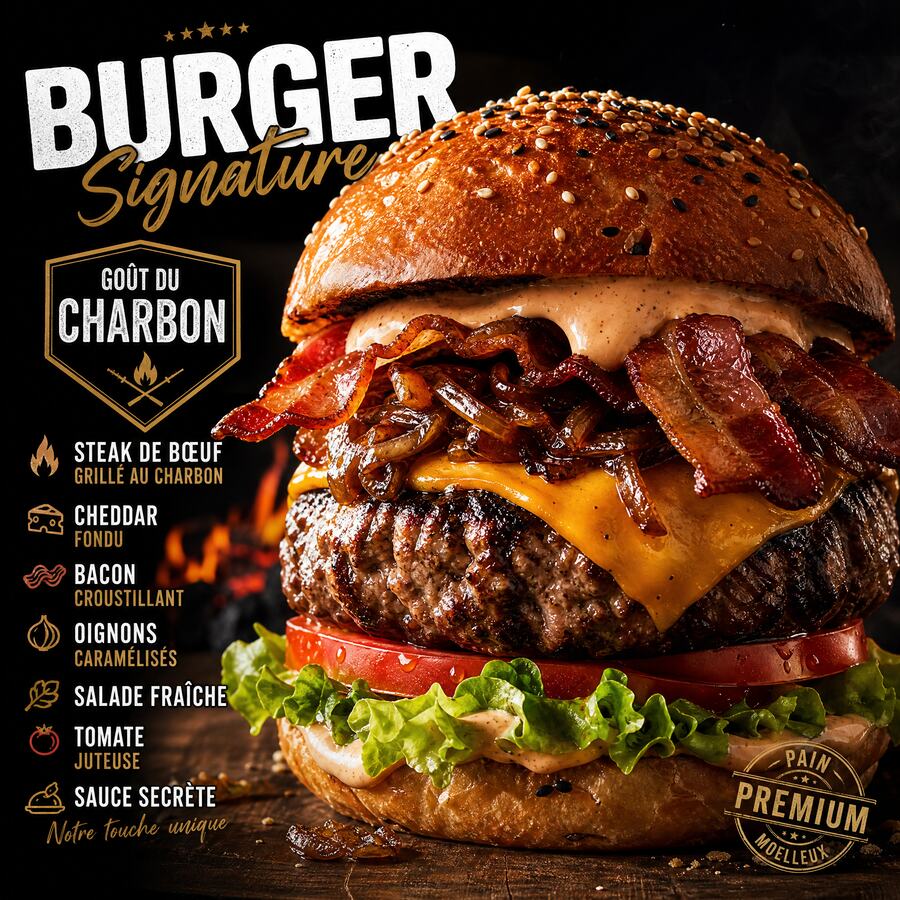Burger Goût du Charbon - Notre burger signature : double steak, champignons sautés, sauce champignon, cheddar, oignons caramélisés et sauce signature. | Le Goût du Charbon Témara