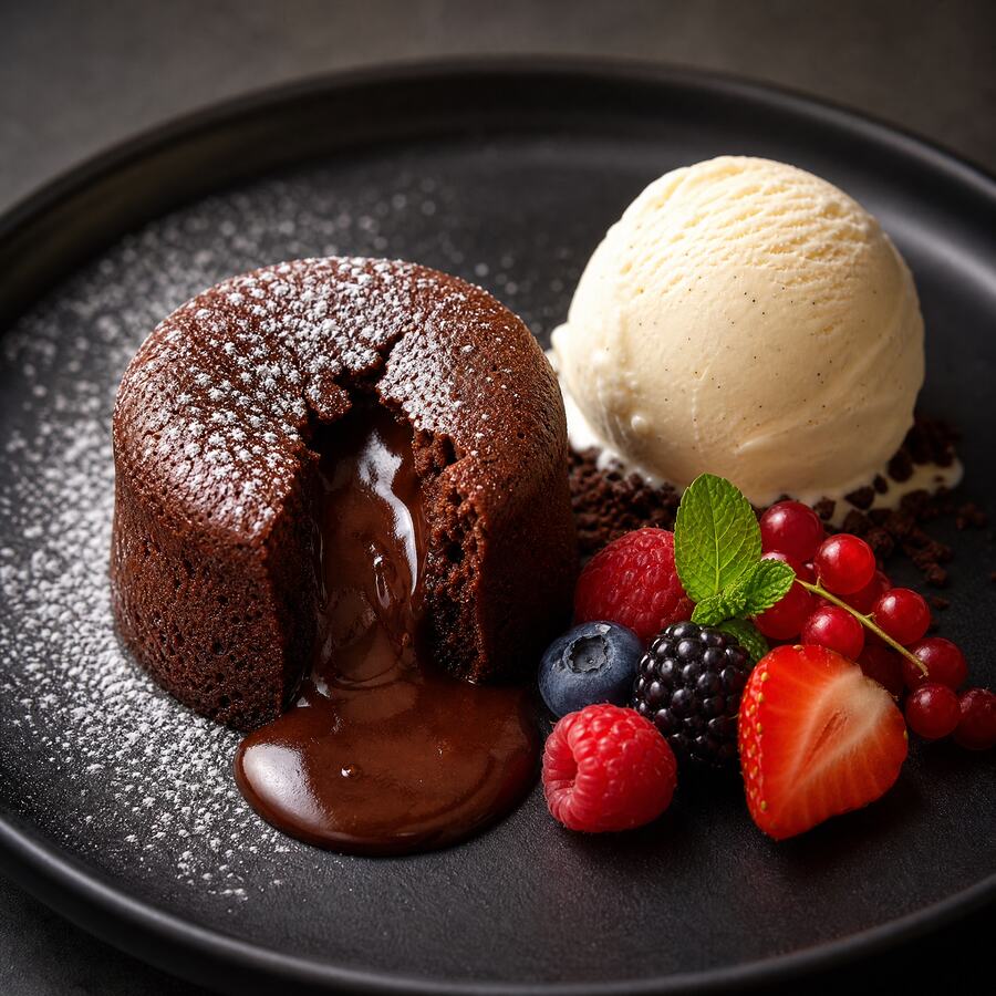 Fondant au chocolat - Cœur coulant au chocolat noir, servi avec une boule vanille. | Le Goût du Charbon Témara
