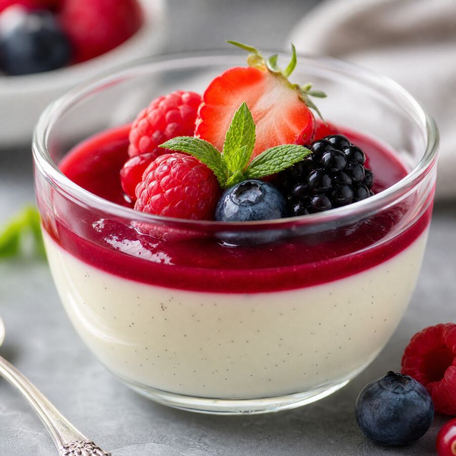Panna cotta - Dessert léger à la crème avec son coulis de fruits rouges. | Le Goût du Charbon Témara