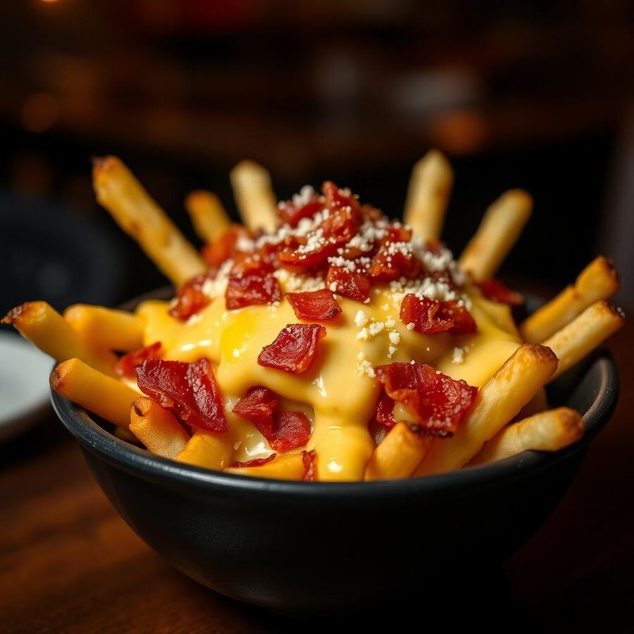 Frite sauce fromage + bacon + parmesan - Frites, sauce fromage, éclats de bacon croustillant et parmesan râpé. | Le Goût du Charbon Témara