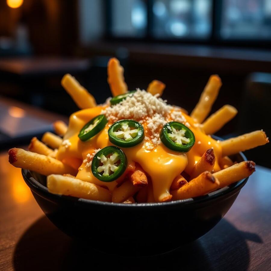 Frite sauce fromage + jalapeños + parmesan - Frites, sauce fromage, jalapeños et parmesan râpé pour les amateurs de piquant. | Le Goût du Charbon Témara