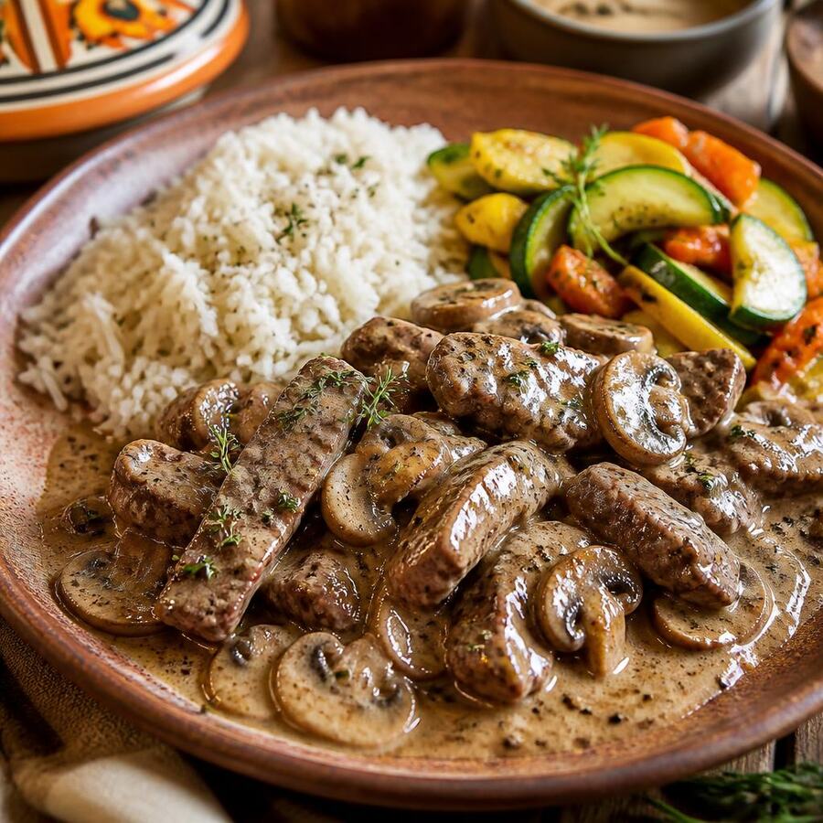 Émincé de bœuf - Fines tranches de bœuf saisies au charbon, servies avec riz et légumes. | Le Goût du Charbon Témara