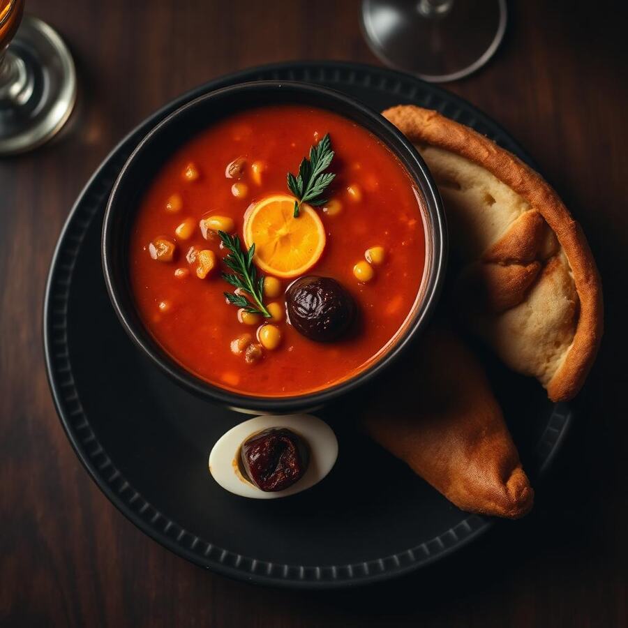 Hrira marocaine + date + œuf dur + chabakia - Soupe traditionnelle complète servie avec dattes, œuf dur et chabakia. Chaque jour dès 18h00. | Le Goût du Charbon Témara