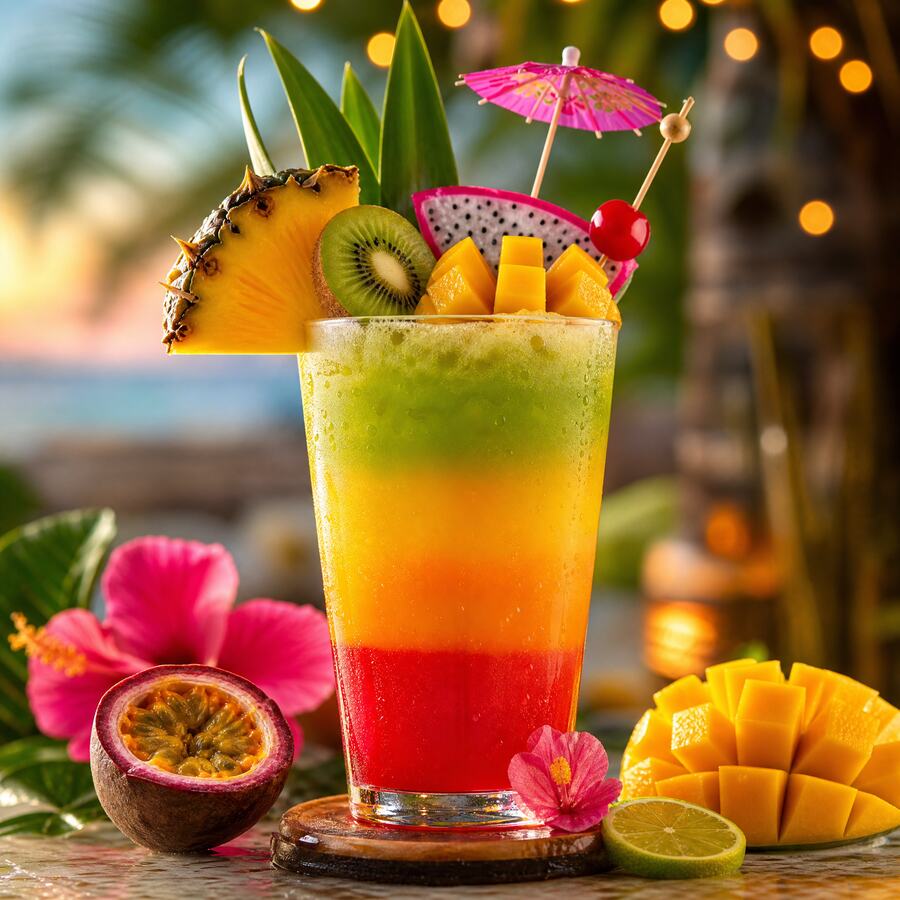 Cocktail de fruits - Mélange maison de fruits frais de saison en couches colorées. | Le Goût du Charbon Témara