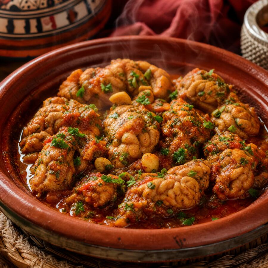 Cervelle marinée - Cervelle d'agneau mijotée avec épices marocaines, tomate, olives et citron confit. | Le Goût du Charbon Témara