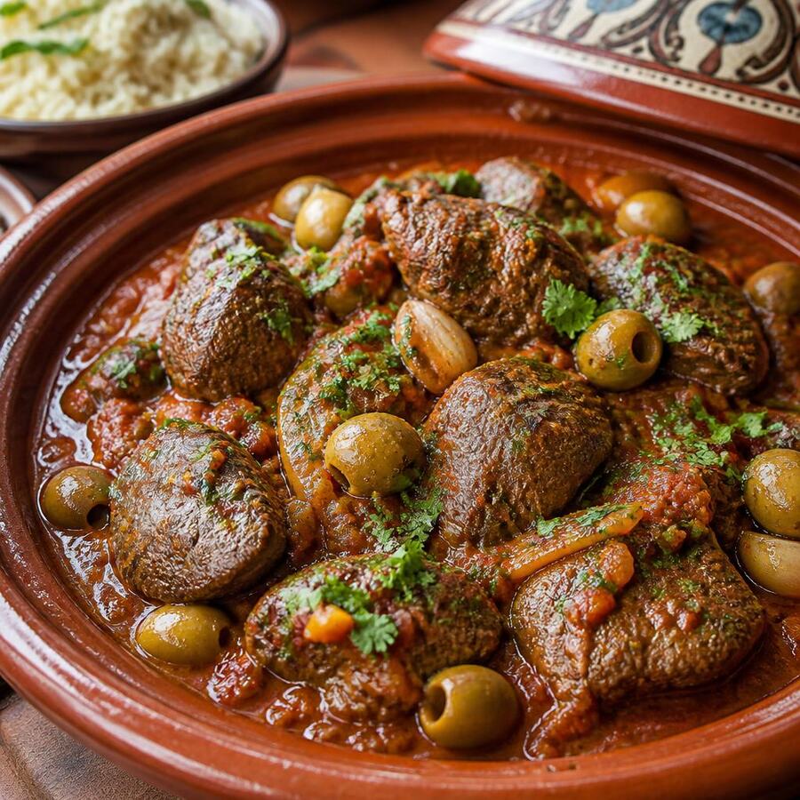 Foie mariné - Foie d'agneau émincé et mijoté aux épices, tomate et olives. | Le Goût du Charbon Témara