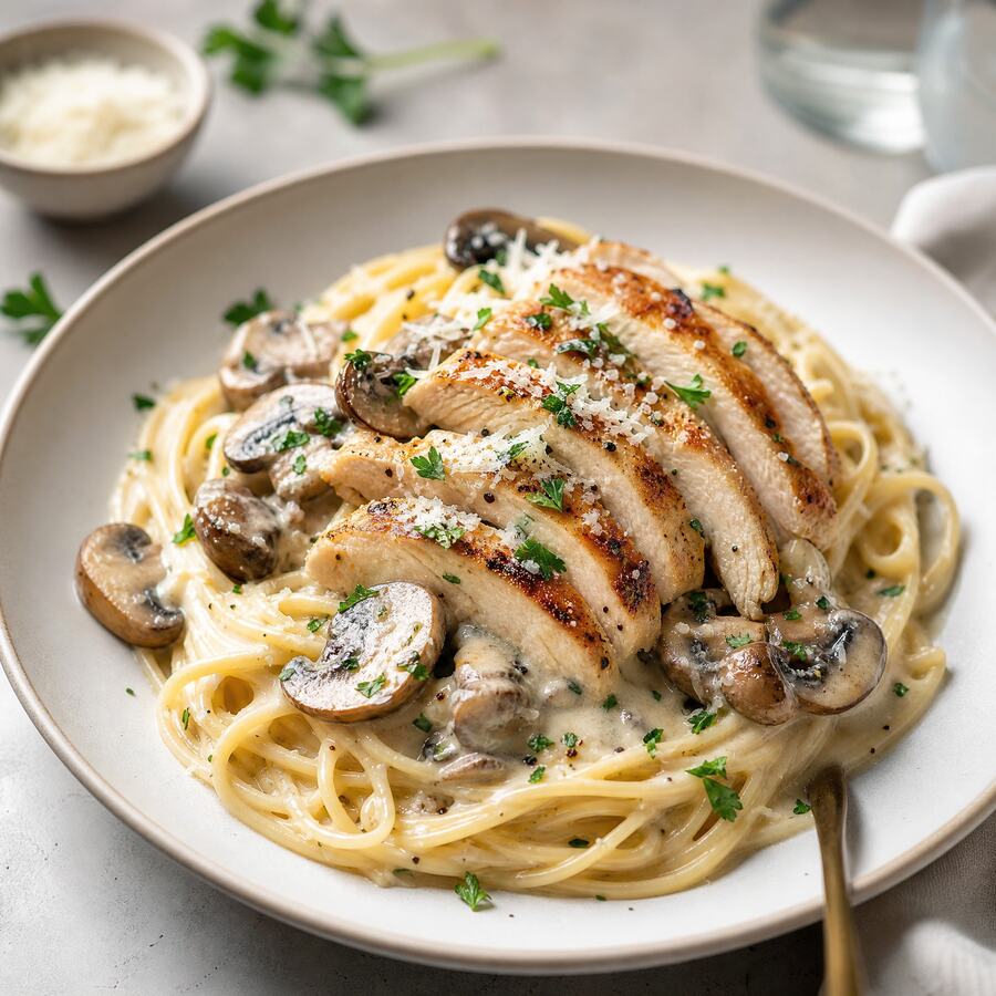 Spaghetti poulet - Spaghetti al dente, sauce blanche crémeuse et champignons. | Le Goût du Charbon Témara