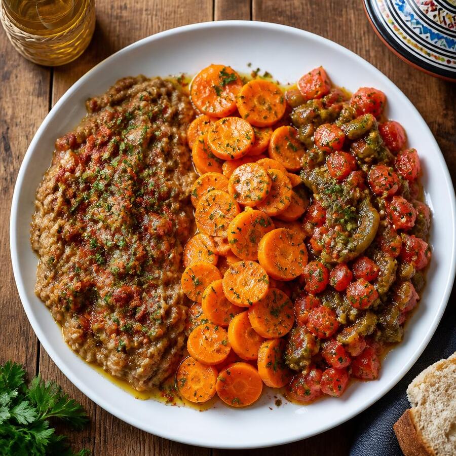 Assortiment marocain - Trilogie de salades marocaines : zaâlouk d'aubergines, carotte marinée aux épices et taktouka de poivrons. | Le Goût du Charbon Témara