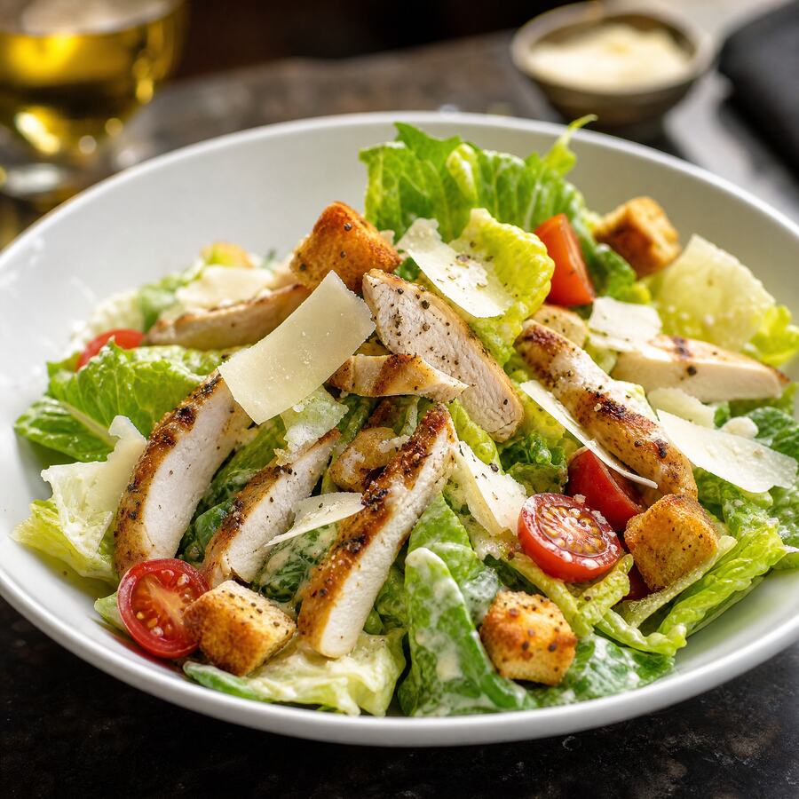 Salade César - Laitue, croûton, poulet, fromage, parmesan frais, tomate cerise. | Le Goût du Charbon Témara