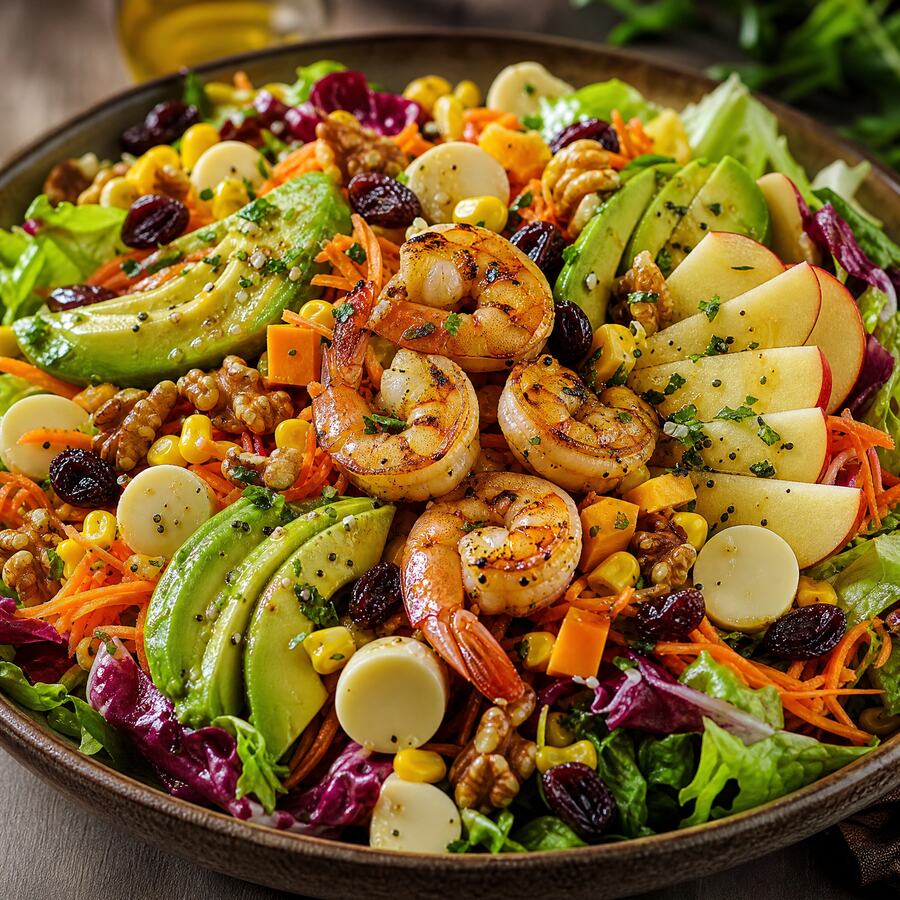 Salade Goût du Charbon - Avocat, pomme, carotte râpée, crevette, maïs, fromage rouge, cœur de palmier, noix, raisin sec. | Le Goût du Charbon Témara