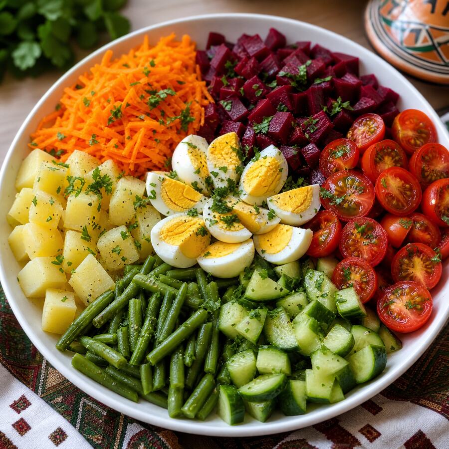 Salade variée - Carotte râpée, betterave, pomme de terre, tomate cerise, haricot vert, œuf dur, concombre. | Le Goût du Charbon Témara