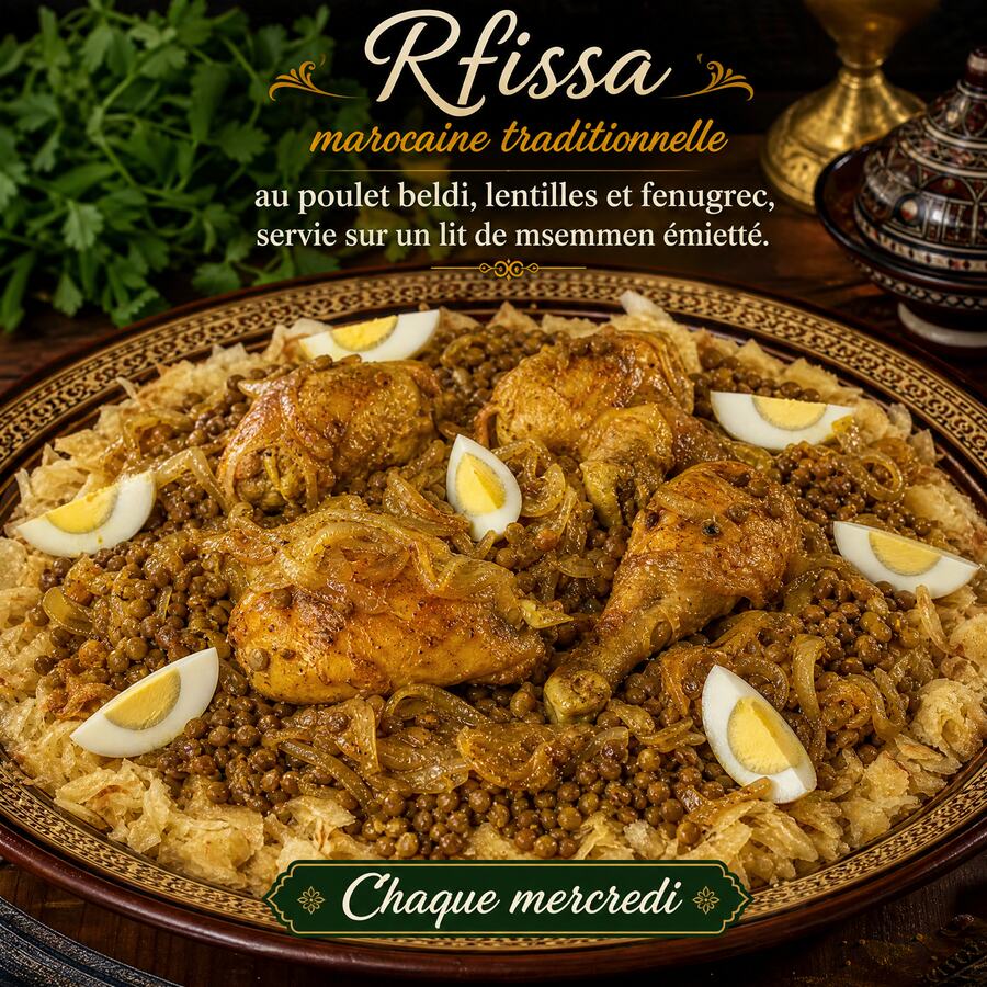 Rfissa poulet - Plat traditionnel au poulet beldi, lentilles et msemmen. Disponible chaque mercredi. | Le Goût du Charbon Témara