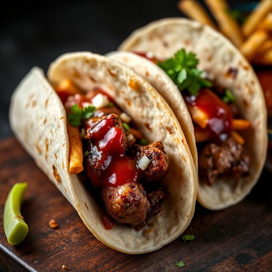 Tacos Signature - Viande hachée, frites, cheddar, sauce fromagère. au restaurant Le Goût du Charbon à Témara