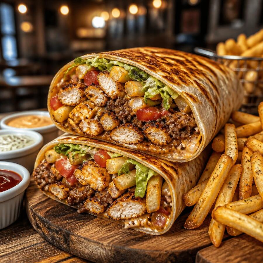 Tacos mix (poulet + viande hachée) - Le meilleur des deux mondes : poulet grillé et viande hachée, cheddar fondu, frites maison à l'intérieur, salade et tomate. Servi avec frites et 3 sauces au choix. | Le Goût du Charbon Témara