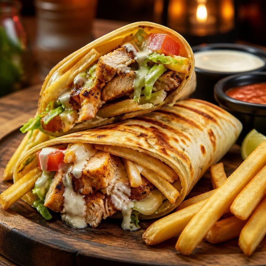 Tacos poulet - Émincé de poulet mariné et grillé, cheddar fondu, frites maison à l'intérieur, salade et tomate, enveloppé dans une tortilla dorée. Servi avec frites et 3 sauces au choix. | Le Goût du Charbon Témara
