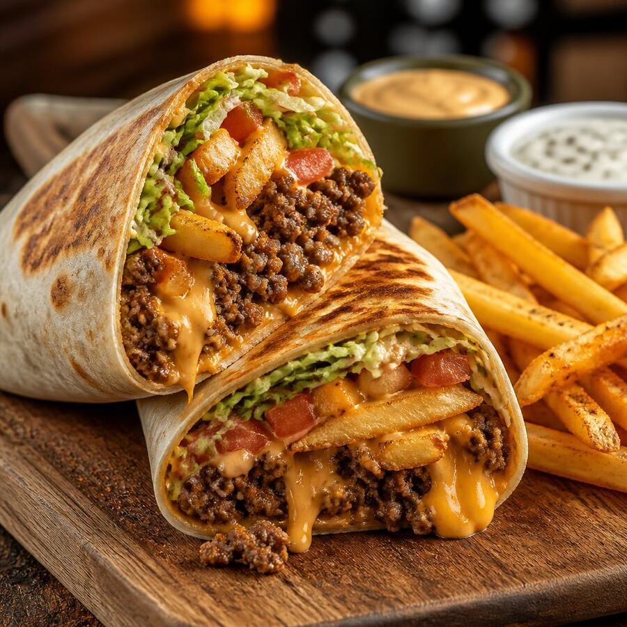 Tacos viande hachée - Viande hachée assaisonnée, cheddar fondu, frites maison à l'intérieur, salade et tomate, dans une tortilla dorée. Servi avec frites et 3 sauces au choix. | Le Goût du Charbon Témara