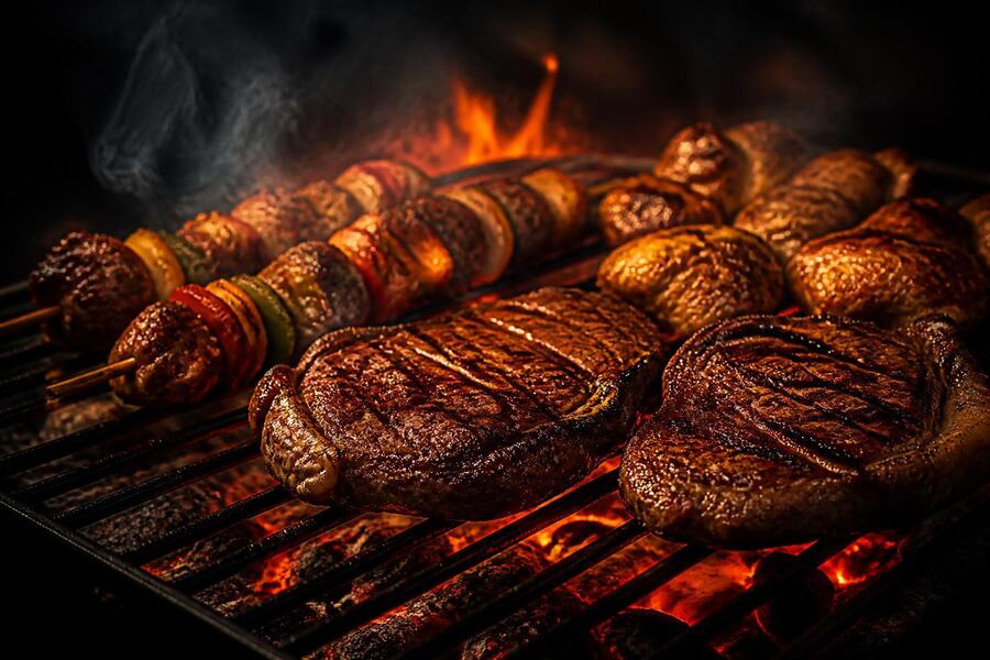 Délicieuses grillades au charbon de bois, viandes marinées, restaurant Le Goût du Charbon à Témara